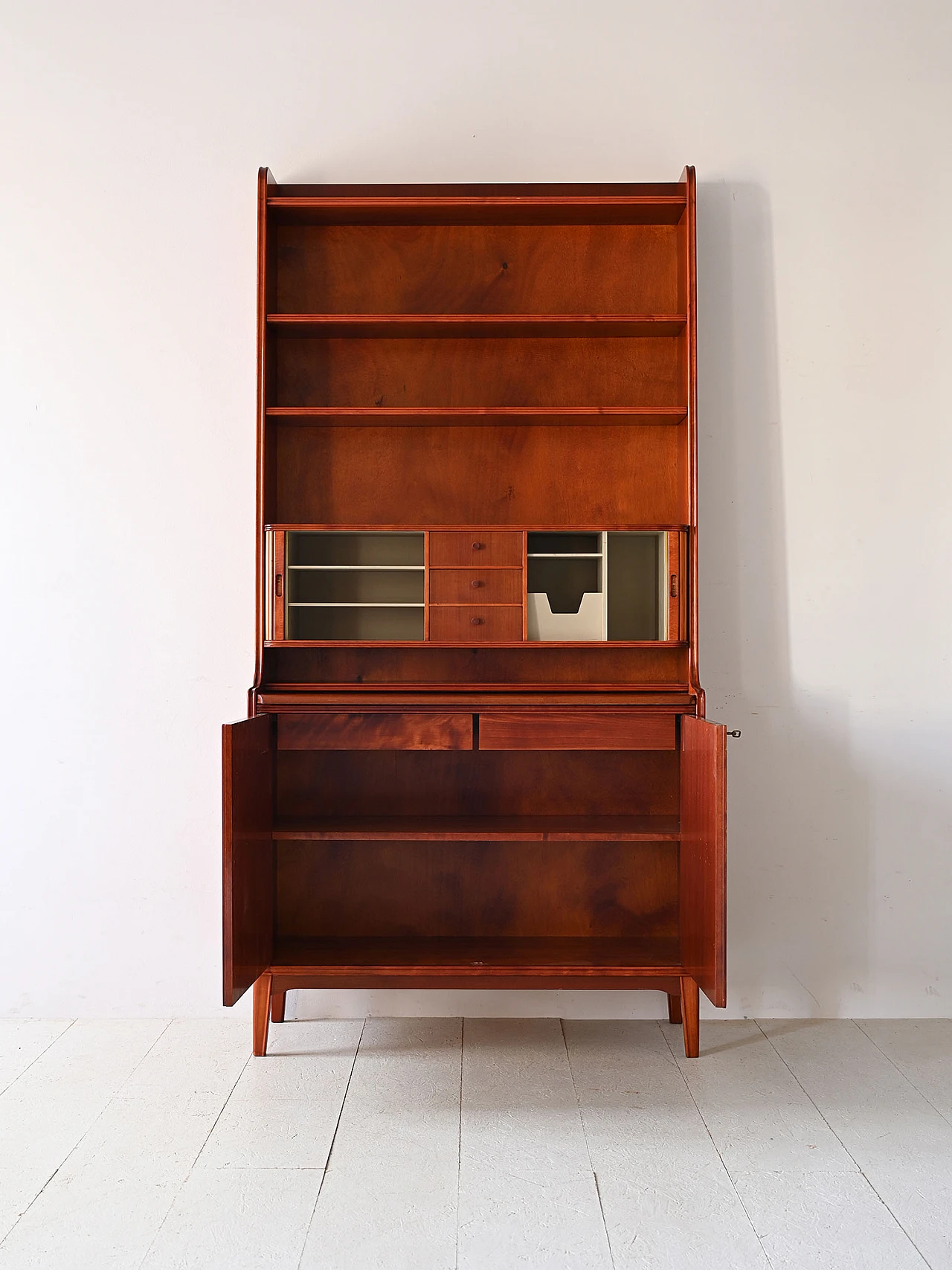 Mahogany bookcase with desk & storage compartment, 1960s 3