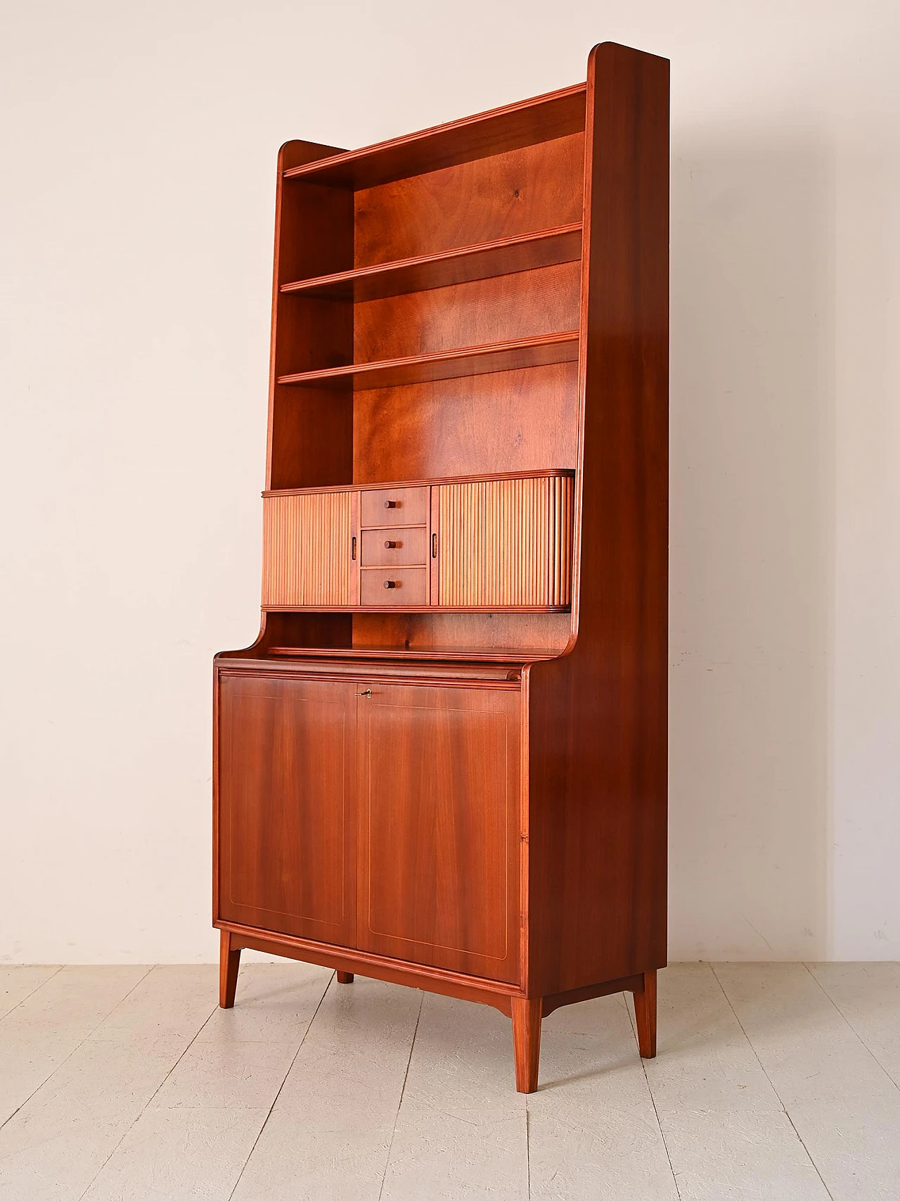 Mahogany bookcase with desk & storage compartment, 1960s 4