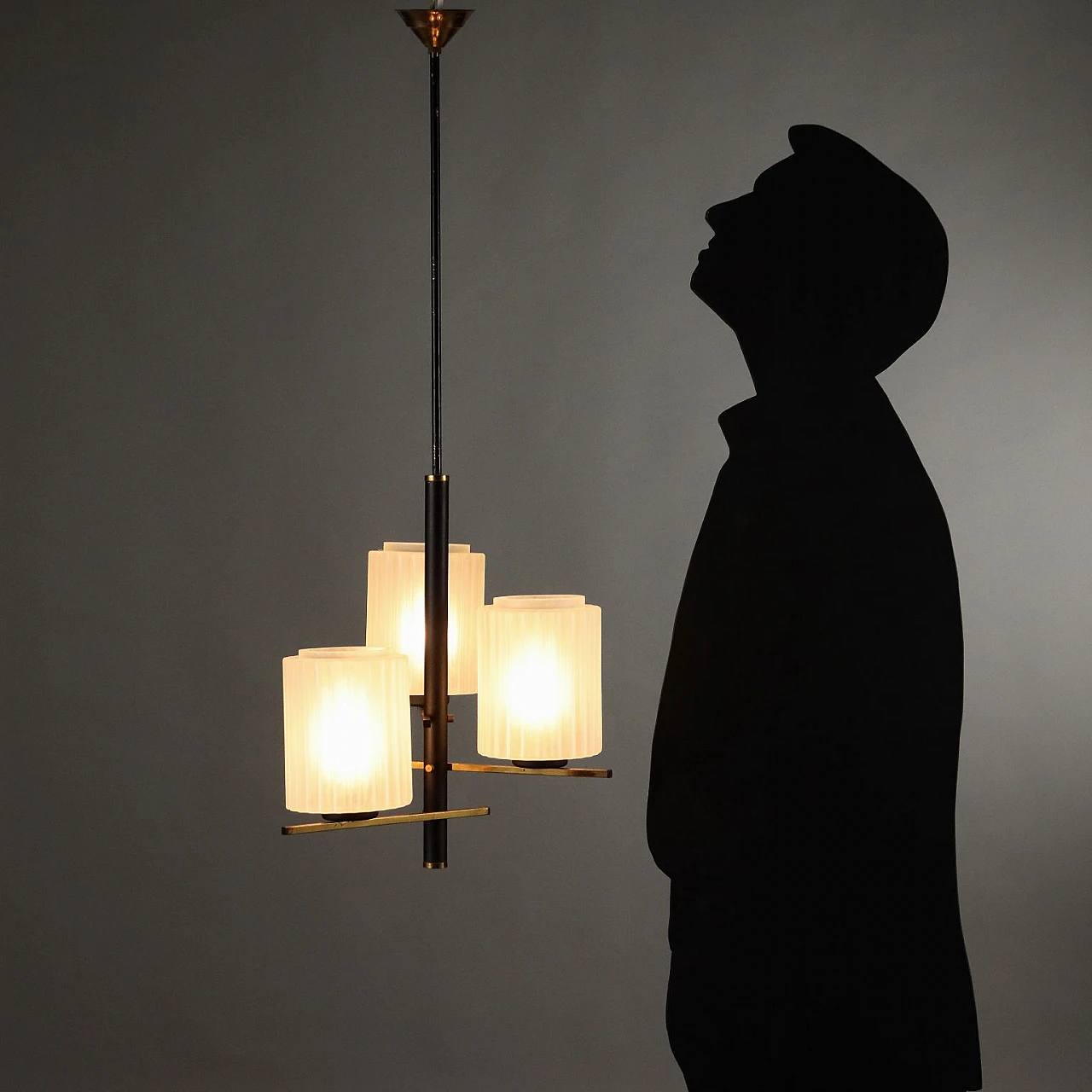 Lampadario a 3 luci in ottone con diffusori in vetro, anni '50 2