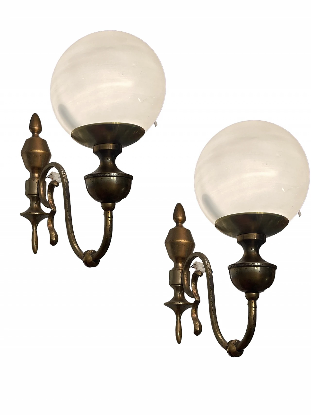 Pair of bronze and white glass wall lights, 1960s 1