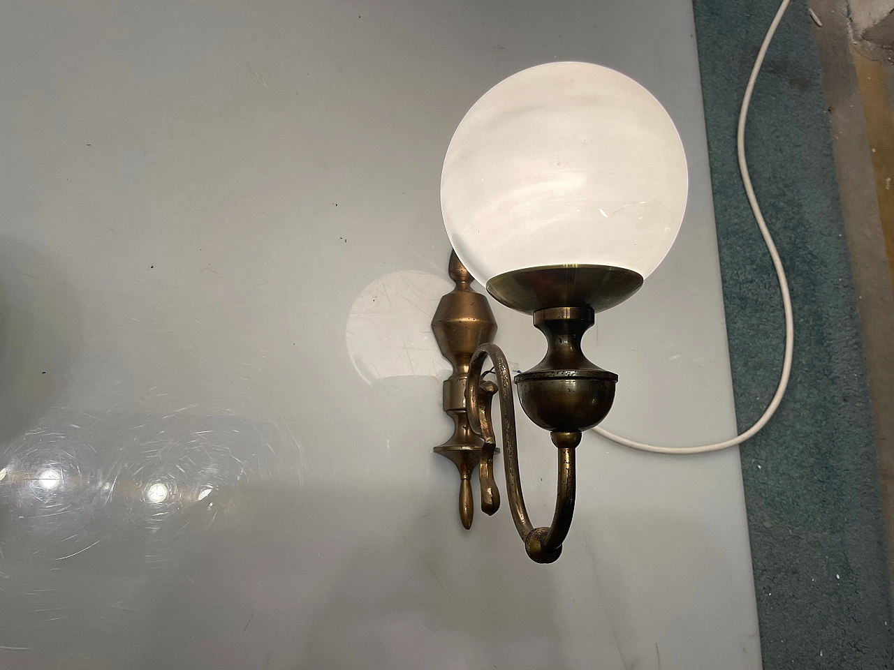 Pair of bronze and white glass wall lights, 1960s 2