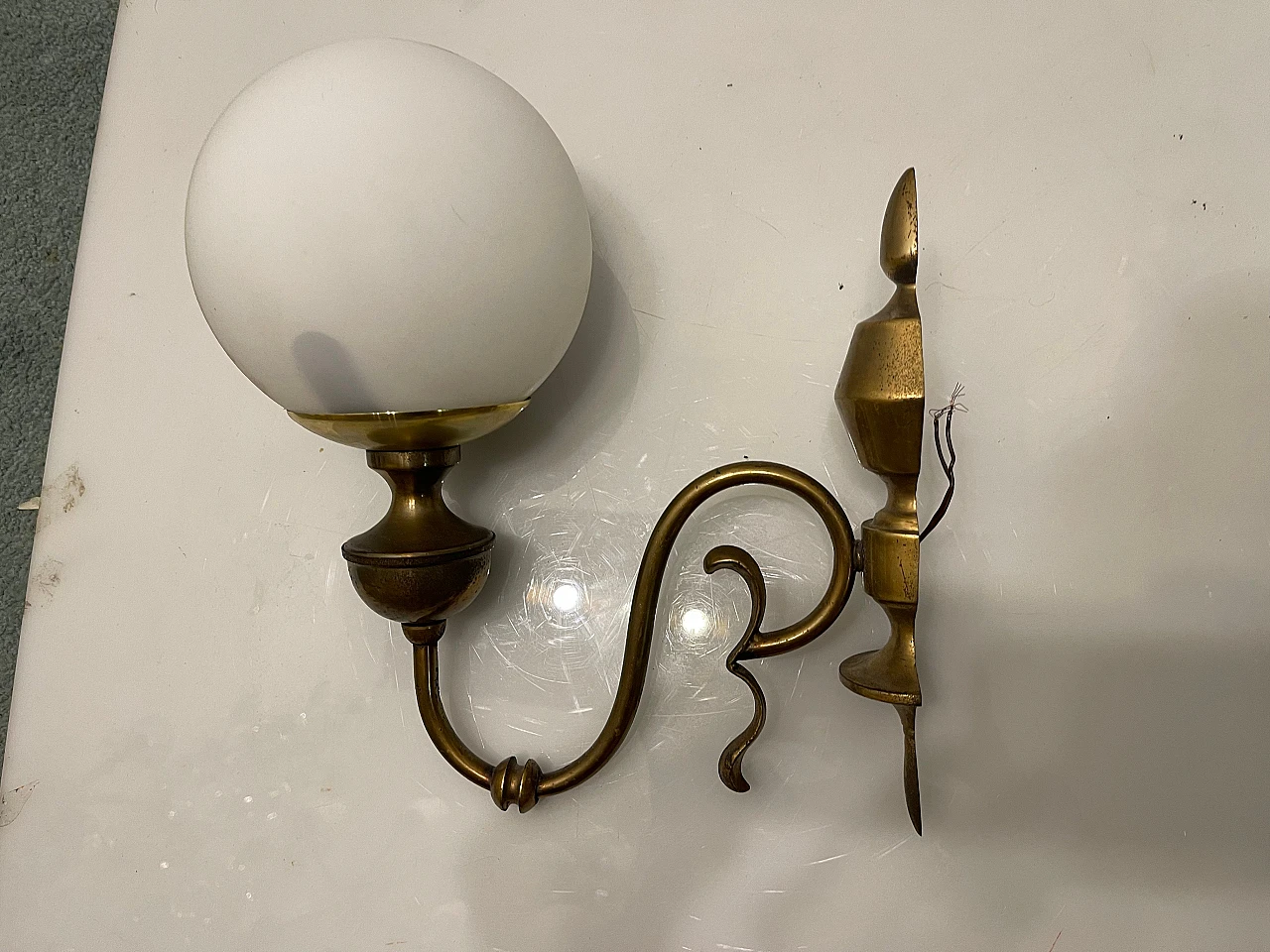 Pair of bronze and white glass wall lights, 1960s 3