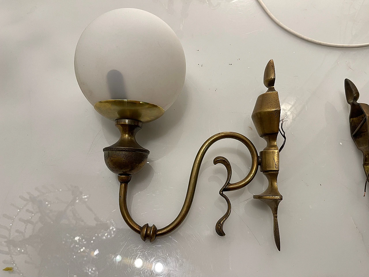 Pair of bronze and white glass wall lights, 1960s 4