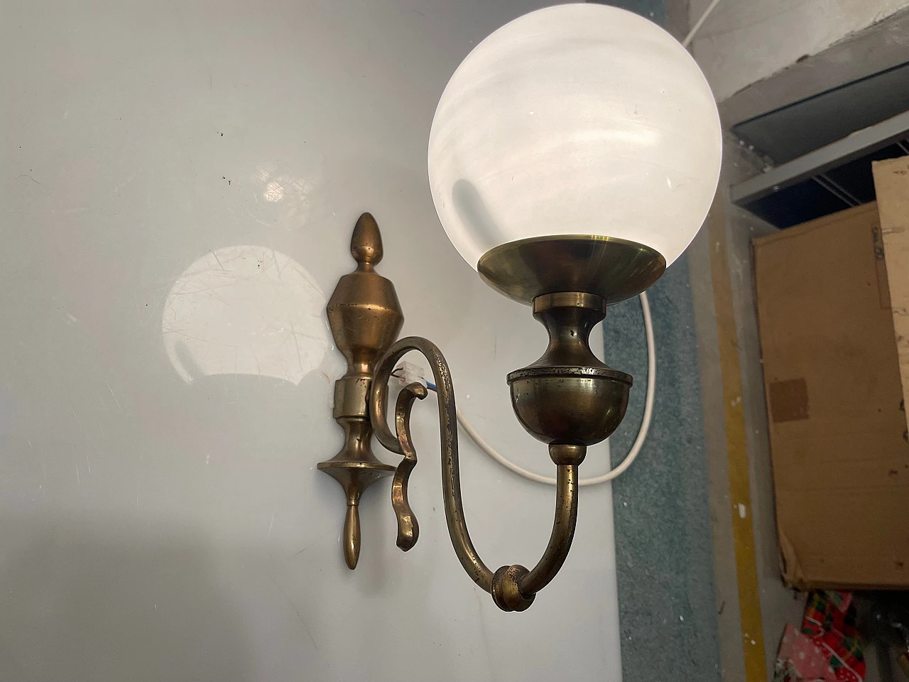 Pair of bronze and white glass wall lights, 1960s 8