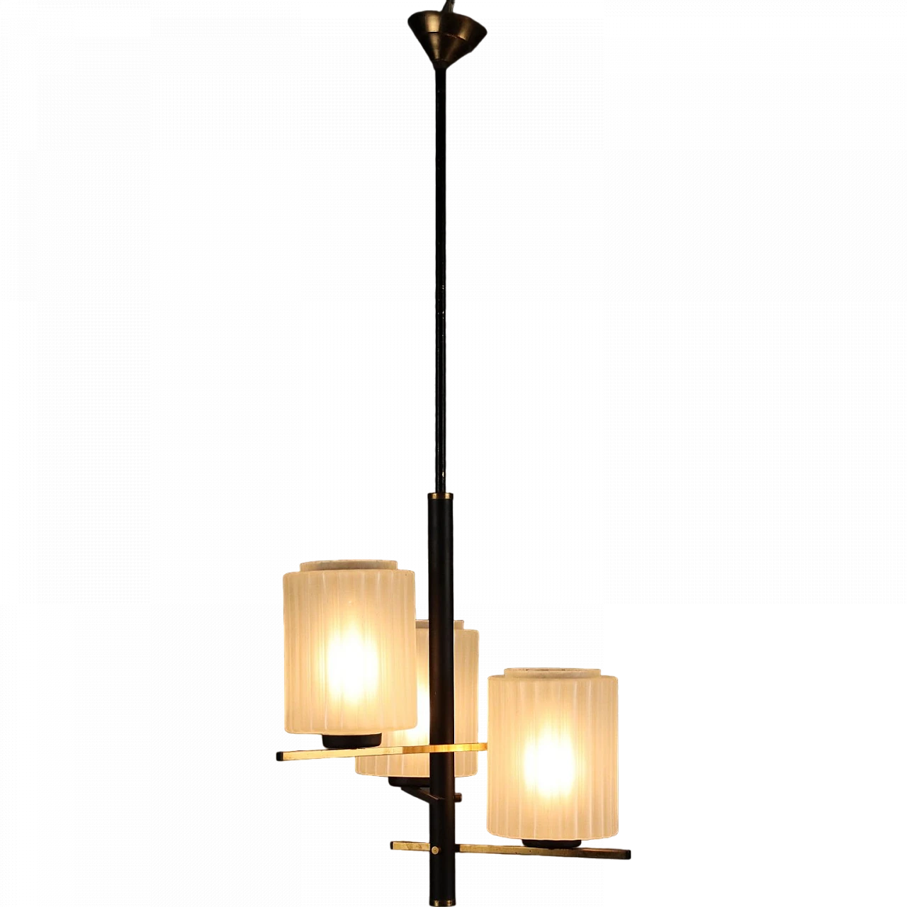 Lampadario a 3 luci in ottone con diffusori in vetro, anni '50 10