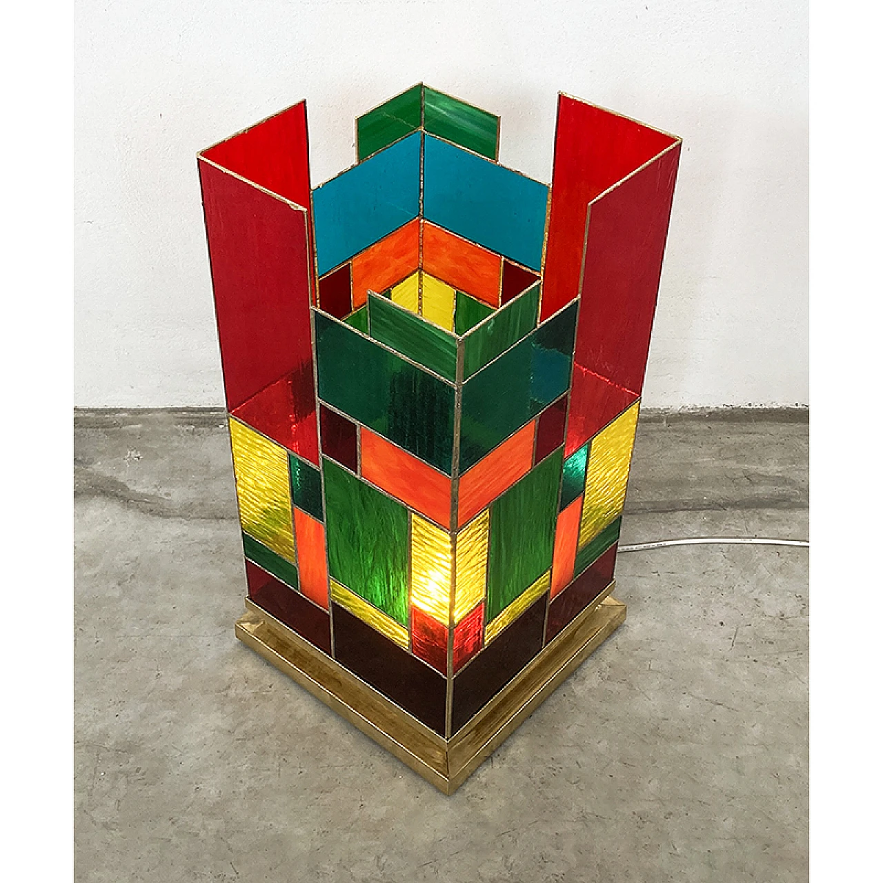 Multicolor glass and brass lamp, 1970s 3