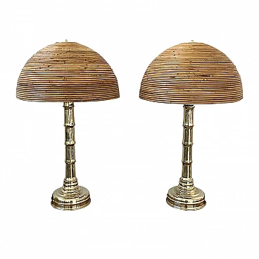 Pair of polished brass and bamboo table lamps, 1970s