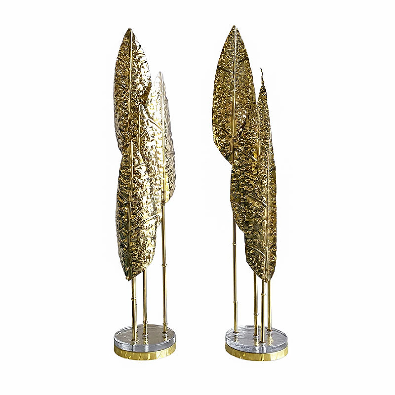 Pair of polished brass floor lamps with leaves, 1970s 1