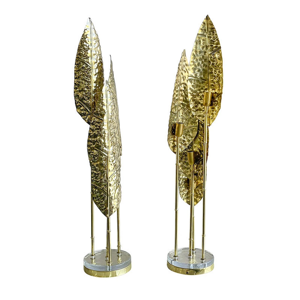 Pair of polished brass floor lamps with leaves, 1970s 2