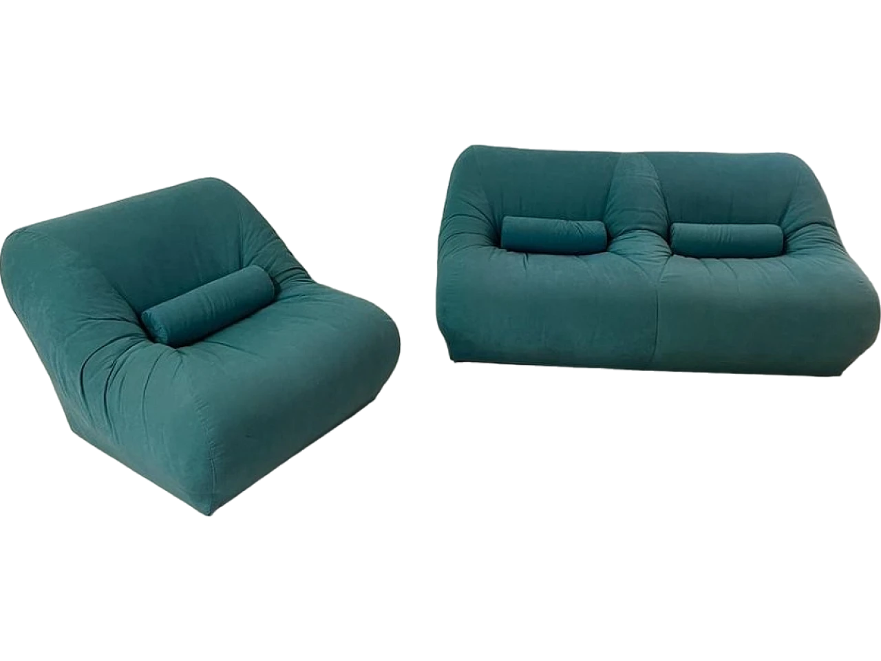 2-Seater sofa and armchair in blue velvet, 1970s 4