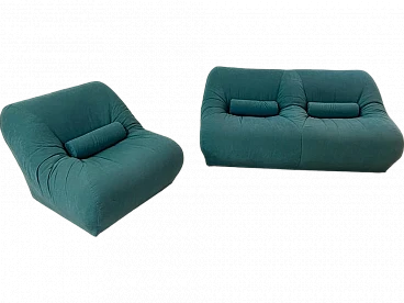 2-Seater sofa and armchair in blue velvet, 1970s