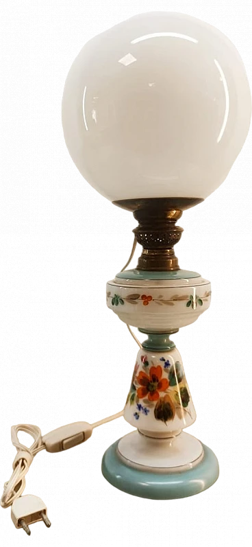 Spherical table lamp in glass with floral motifs & brass, 1950s