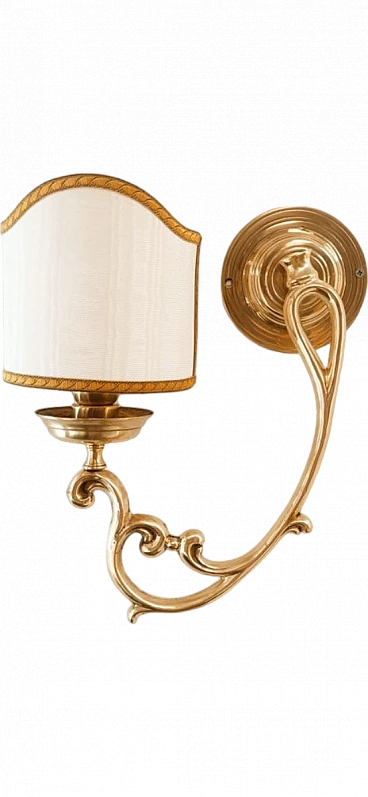 Wall light in brass with white & gold fabric lampshade, 1980s