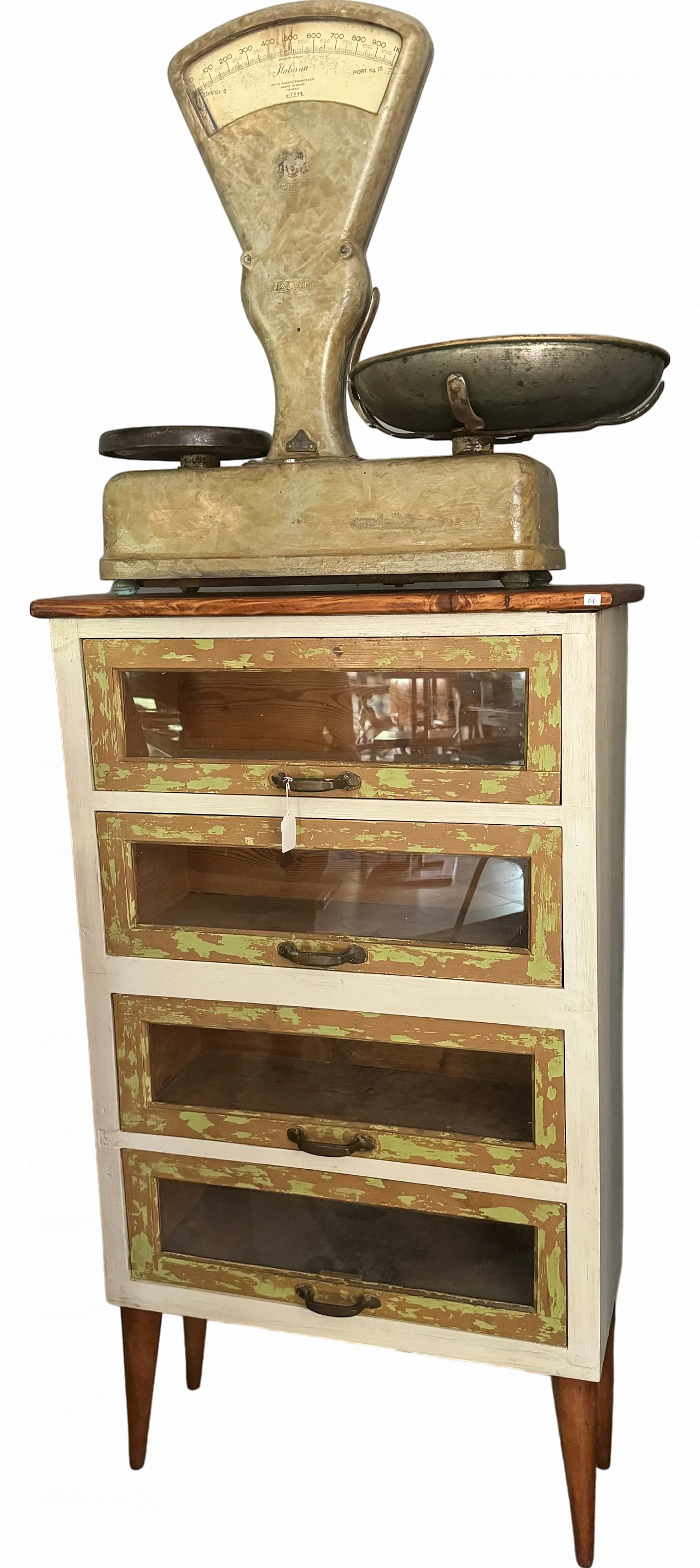 Industrial chest of drawers in wood and glass, 1970s 14