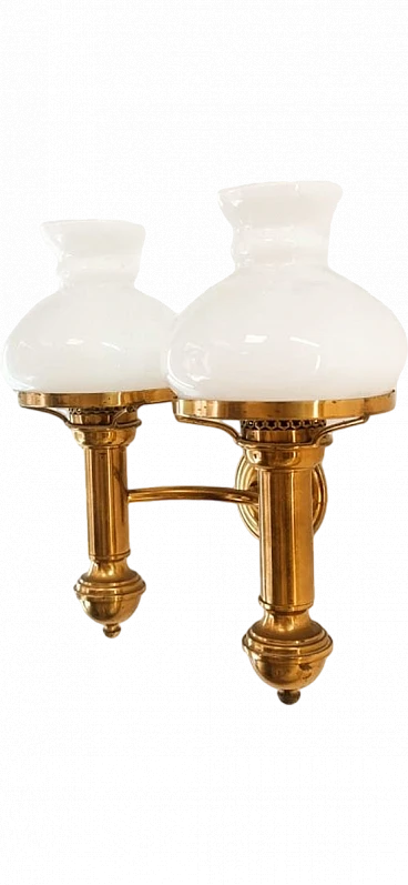 2-Light applique in brass with opaline glass diffusers, 1970s