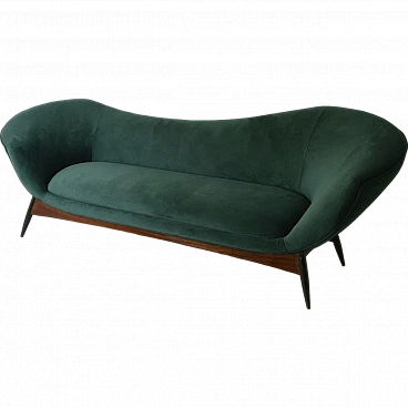 Curved sofa in green velvet with teak base by Flexform, 1950s
