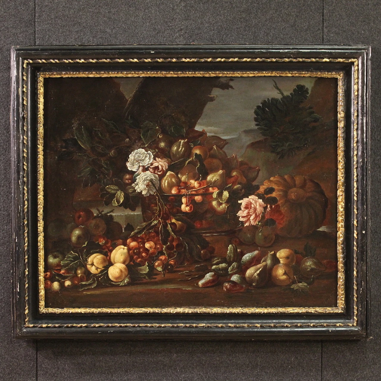 Still life with flowers and fruit, oil on canvas, 17th century 1