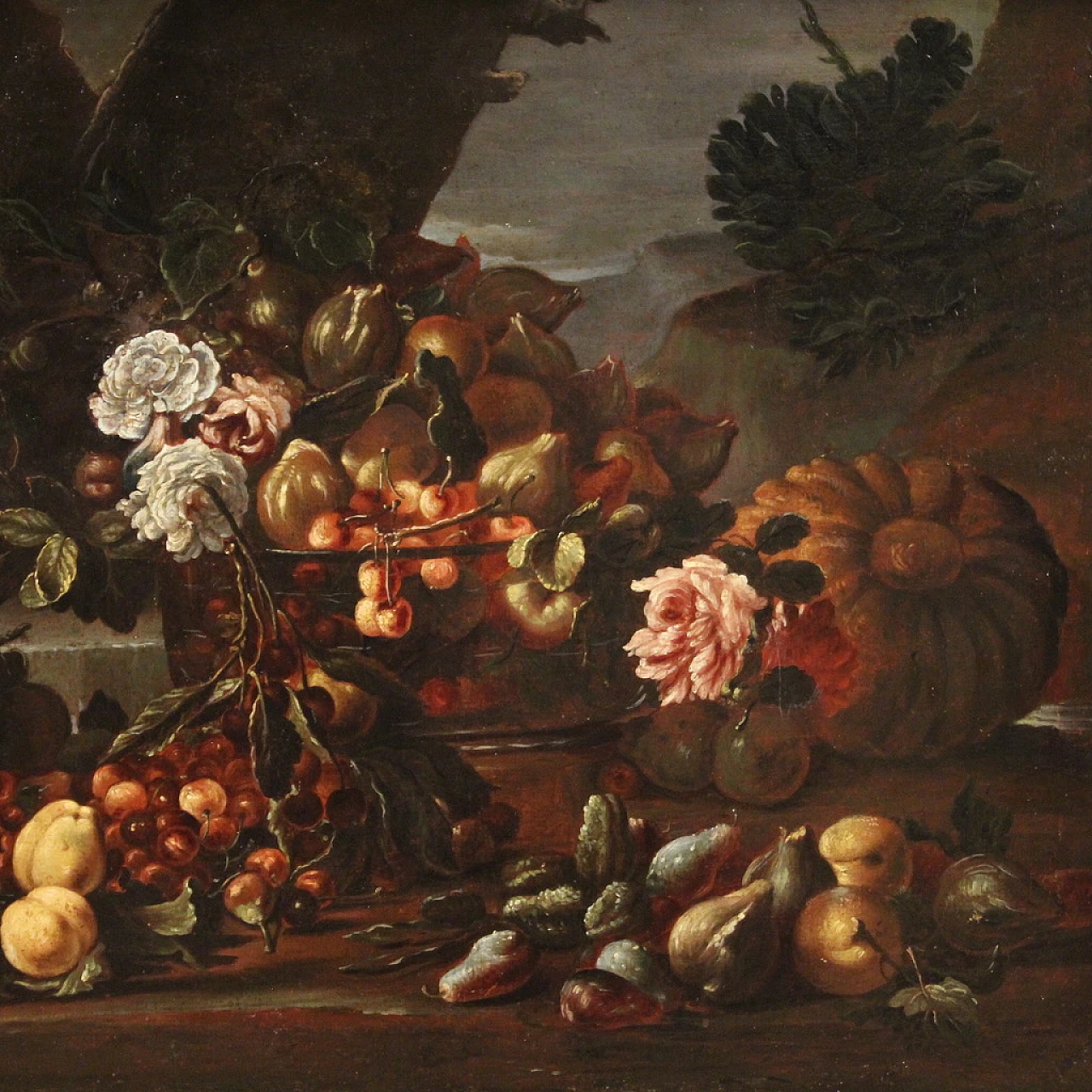 Still life with flowers and fruit, oil on canvas, 17th century 2