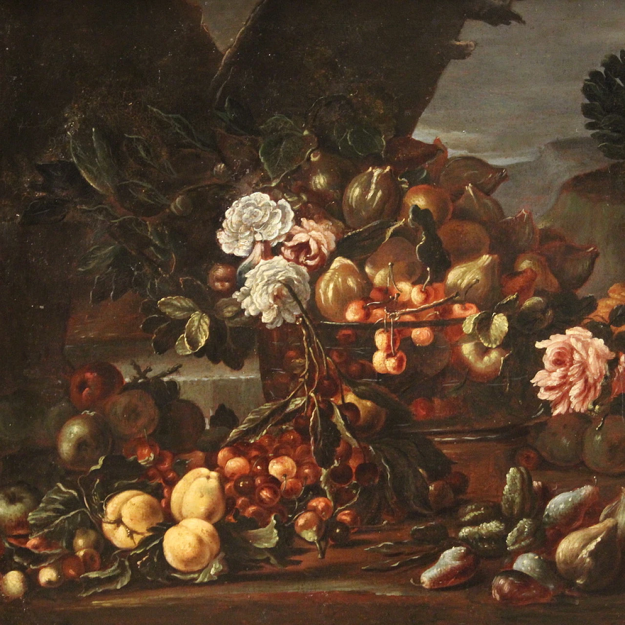 Still life with flowers and fruit, oil on canvas, 17th century 3