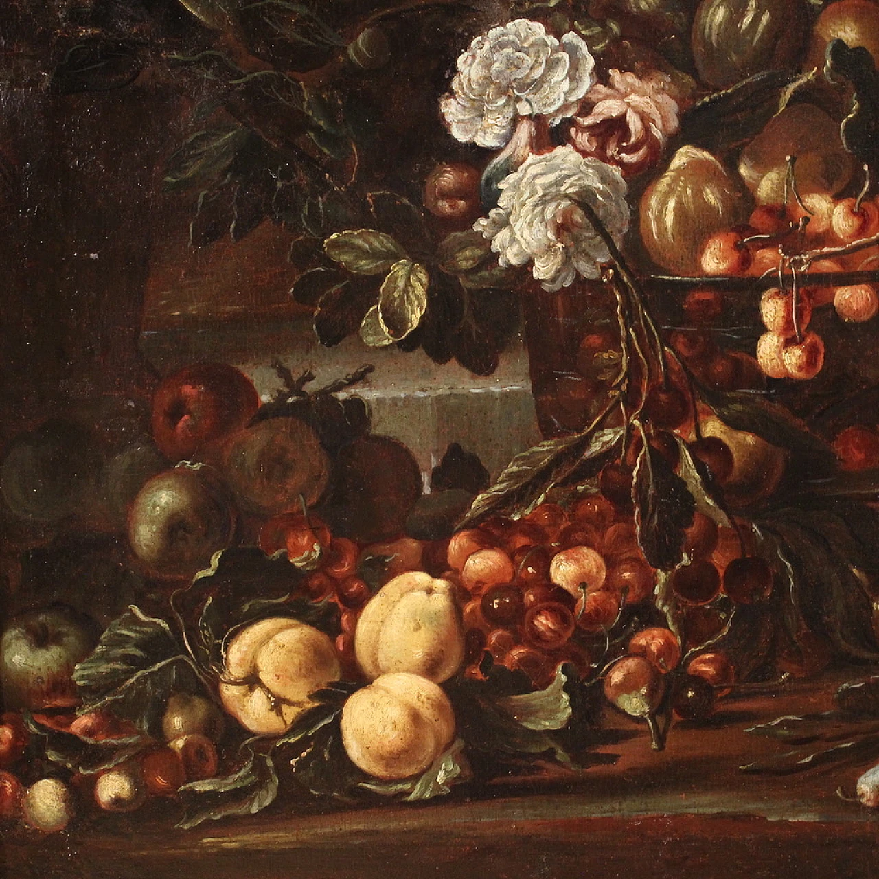 Still life with flowers and fruit, oil on canvas, 17th century 10