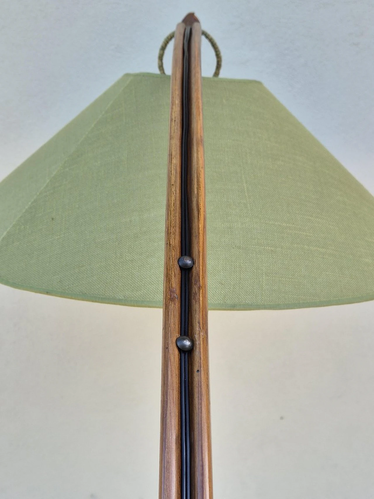 Arc floor lamp with cherry wood structure & fabric lampshade, 1940s 9