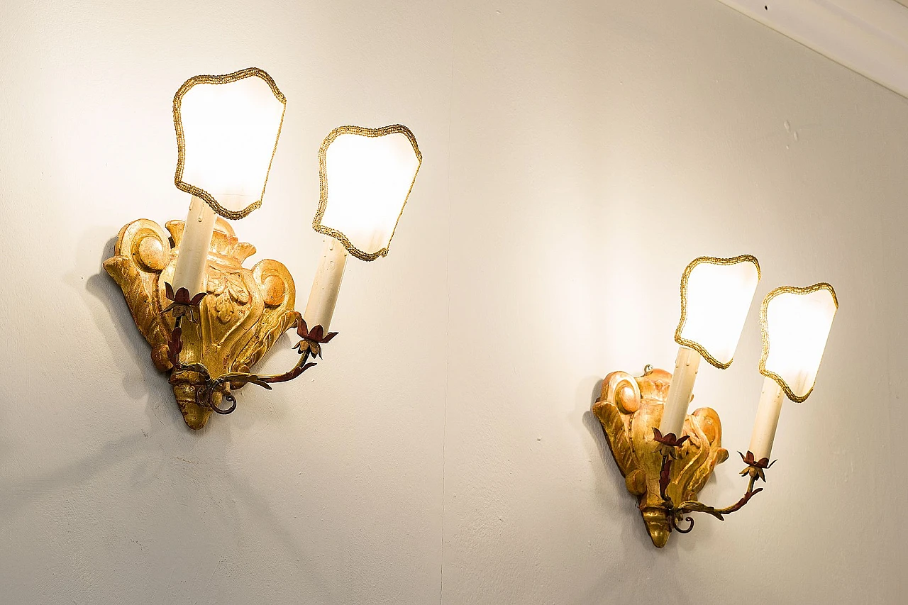 Pair of gilded wood appliques with parchment lampshades, 1950s 1