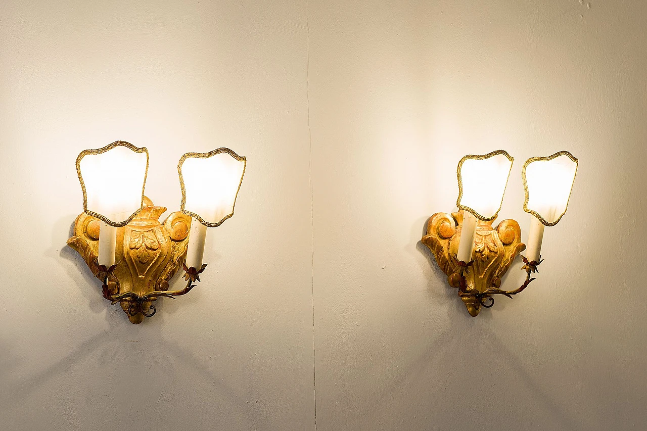 Pair of gilded wood appliques with parchment lampshades, 1950s 2