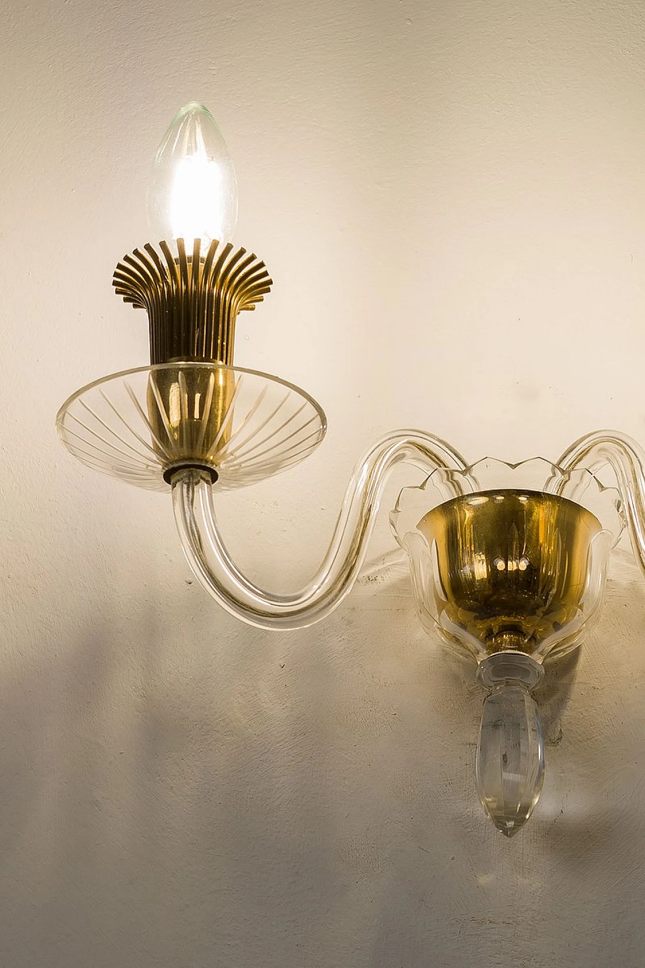 2-Light applique in glass with brass structure, 1970s 2