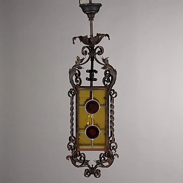 Art Nouveau lantern in wrought iron & leaded glass, 19th century