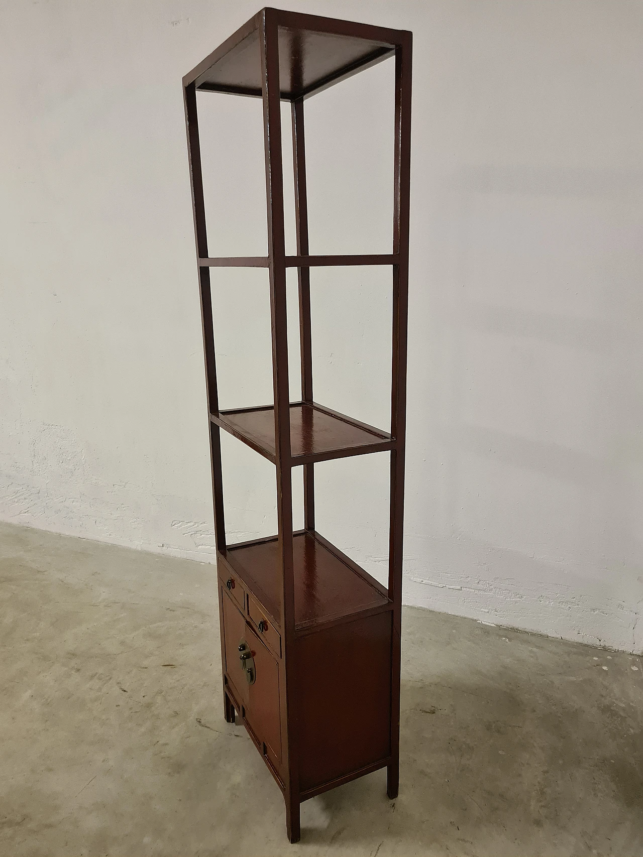 Laquered wood bookcase with storage compartment & drawers, 1940s 4