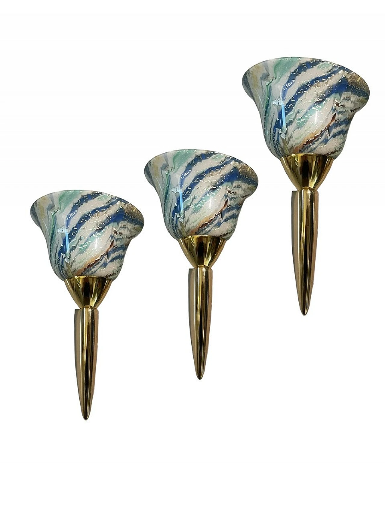 3 Multicolored Murano glass & brass sconces, 1980s 1