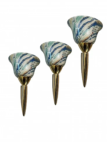 3 Multicolored Murano glass & brass sconces, 1980s