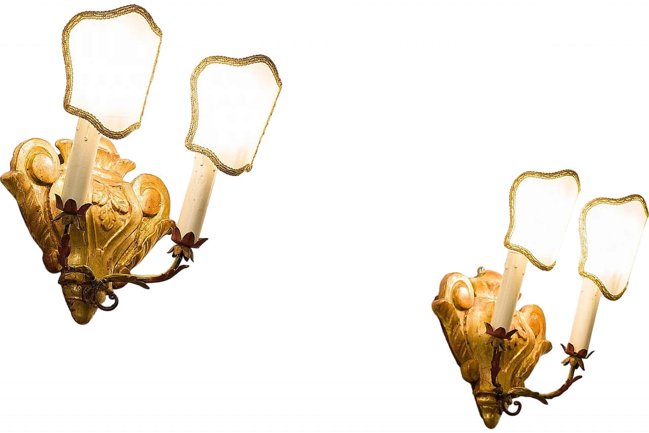 Pair of gilded wood appliques with parchment lampshades, 1950s 11