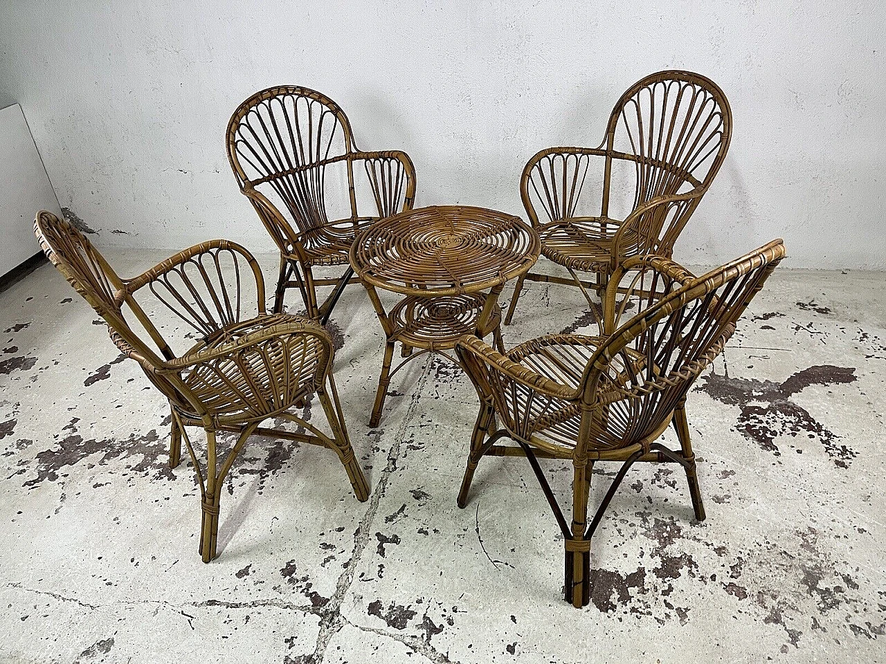 4 Armchairs and coffee table in wicker, bamboo and rattan, 1960s 1