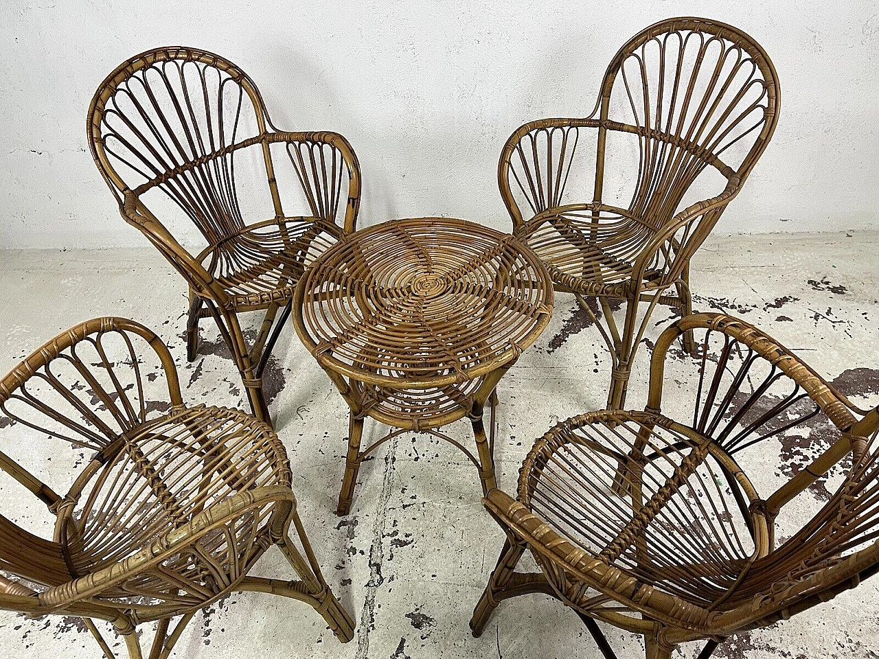 4 Armchairs and coffee table in wicker, bamboo and rattan, 1960s 4