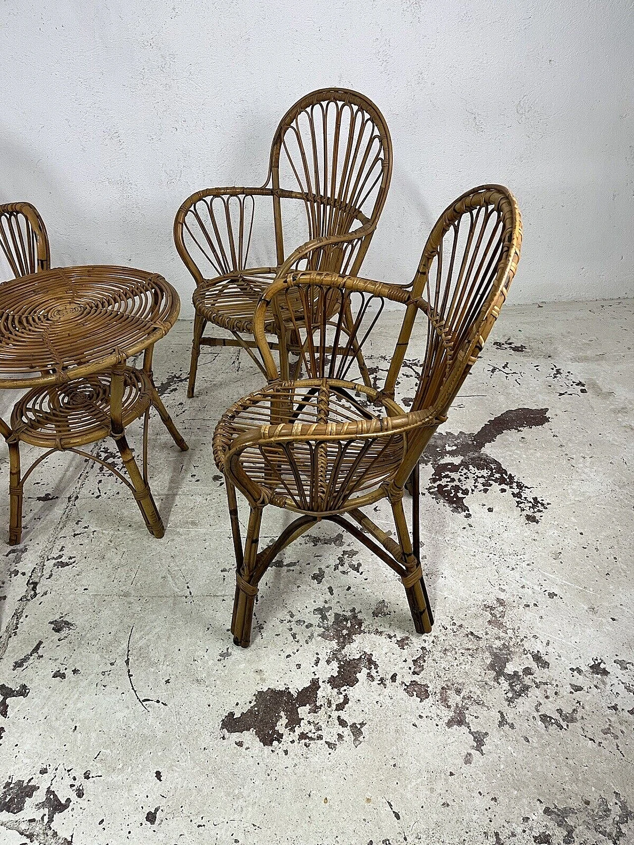 4 Armchairs and coffee table in wicker, bamboo and rattan, 1960s 12