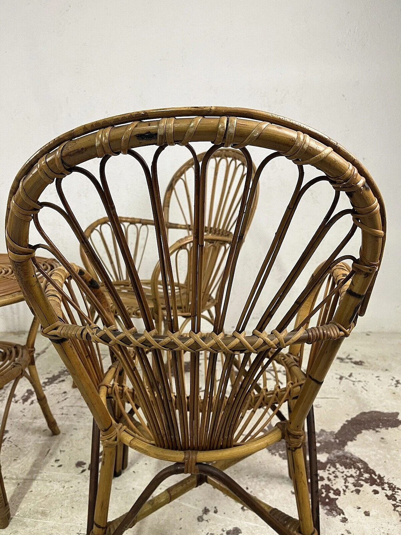 4 Armchairs and coffee table in wicker, bamboo and rattan, 1960s 14