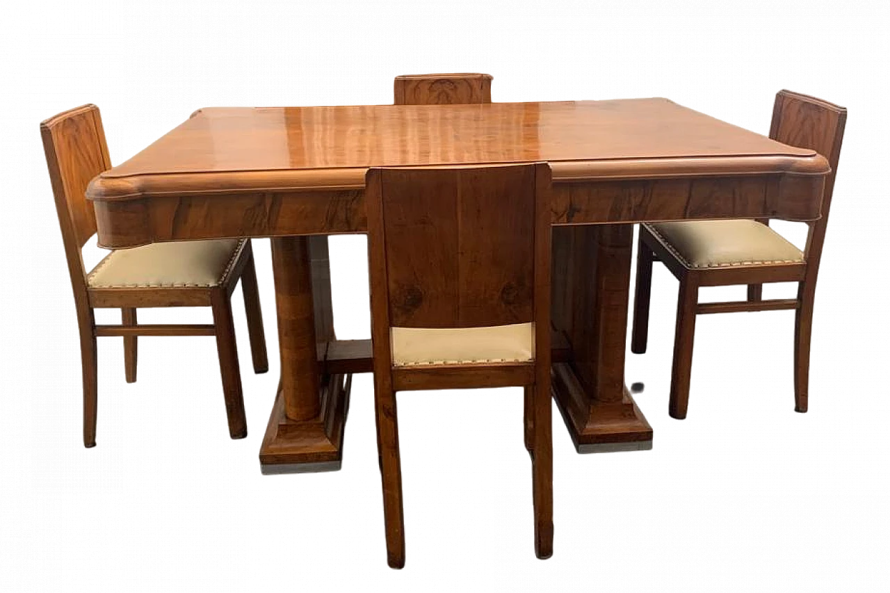 4 Chairs and table in walnut and walnut feather, 1940s 9