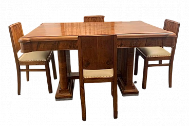 4 Chairs and table in walnut and walnut feather, 1940s