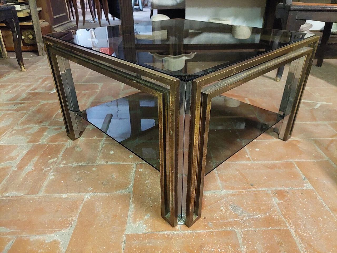 Brass, chromed metal and glass coffee table by Maison Jansen, 1970s 3