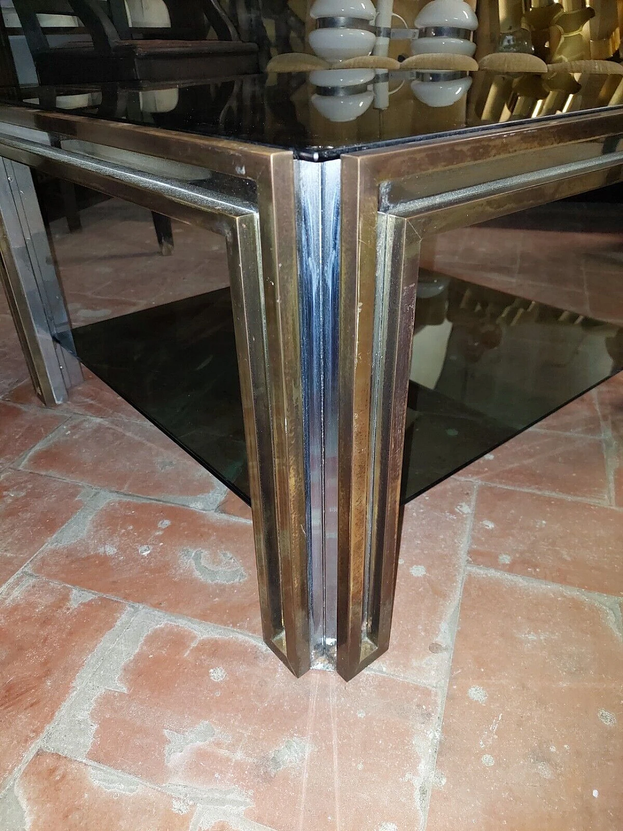 Brass, chromed metal and glass coffee table by Maison Jansen, 1970s 4