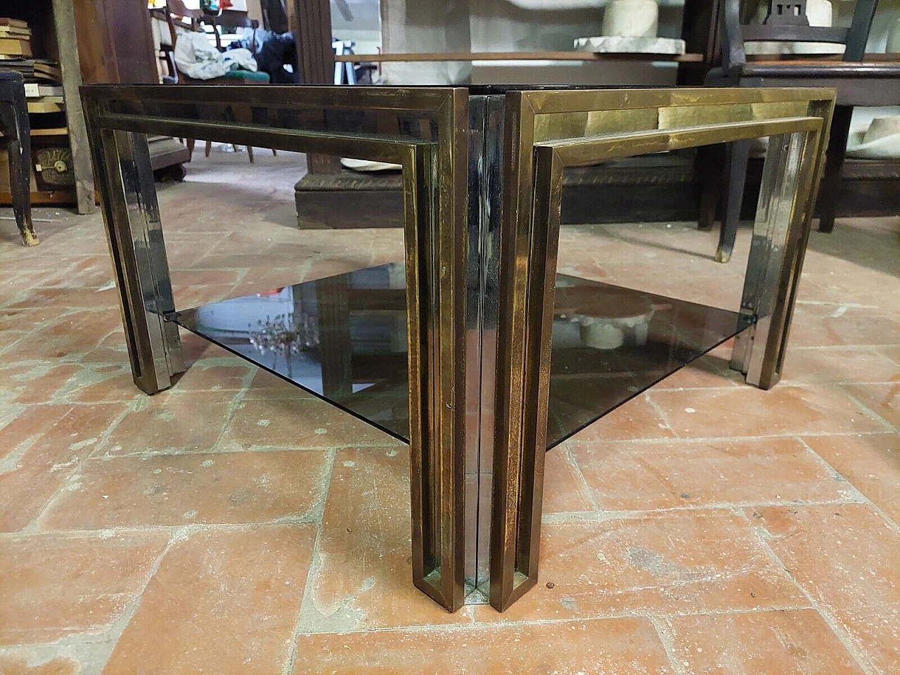 Brass, chromed metal and glass coffee table by Maison Jansen, 1970s 7