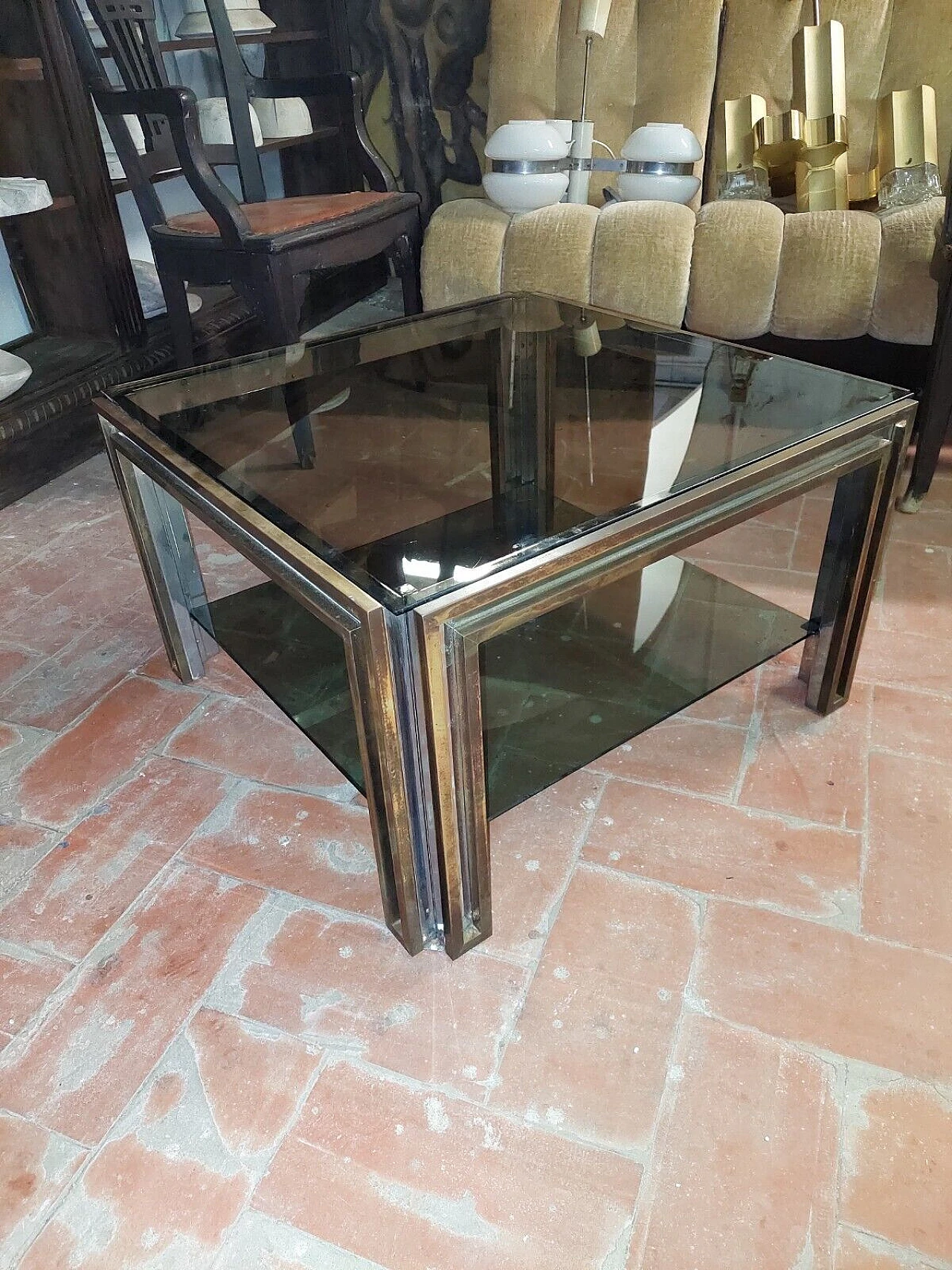 Brass, chromed metal and glass coffee table by Maison Jansen, 1970s 8