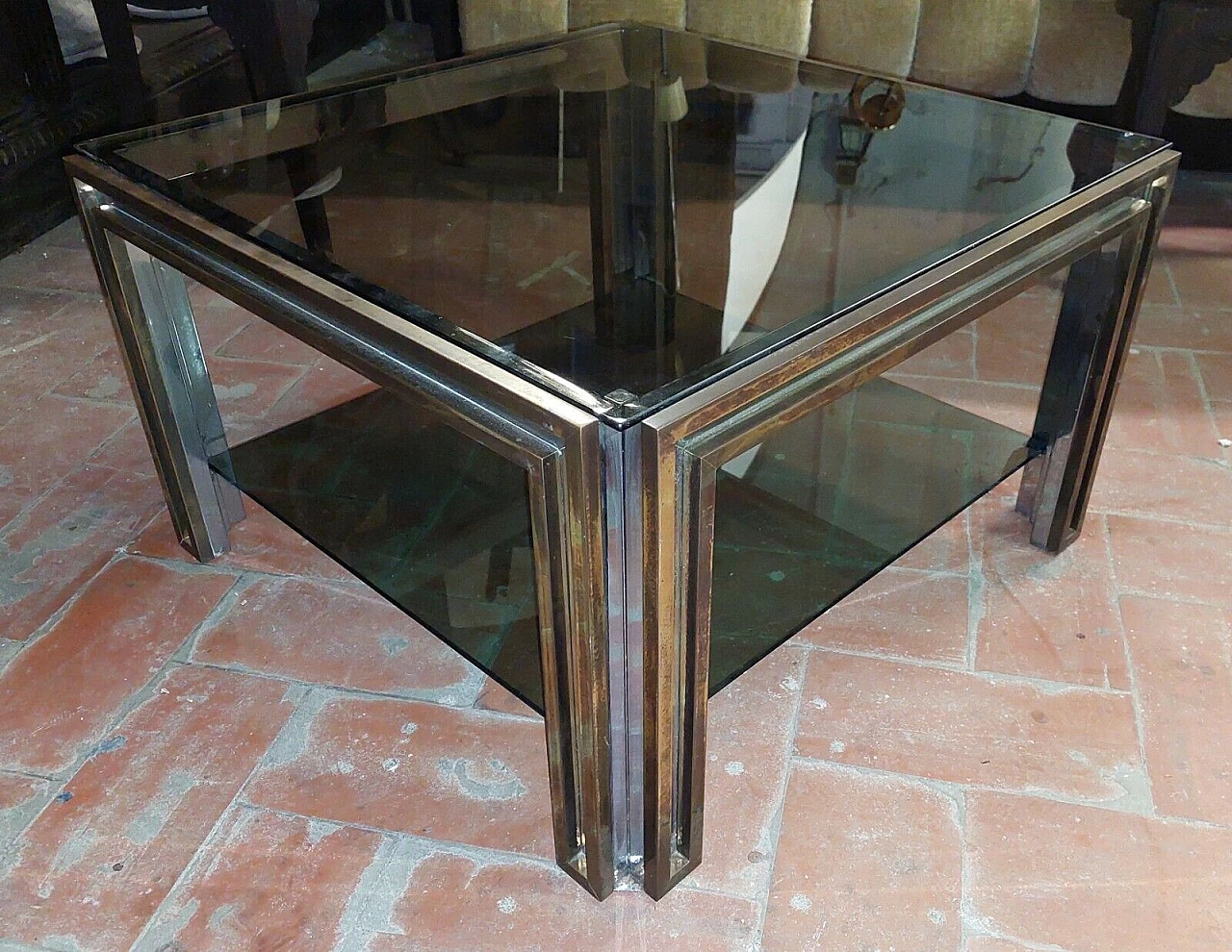 Brass, chromed metal and glass coffee table by Maison Jansen, 1970s 9