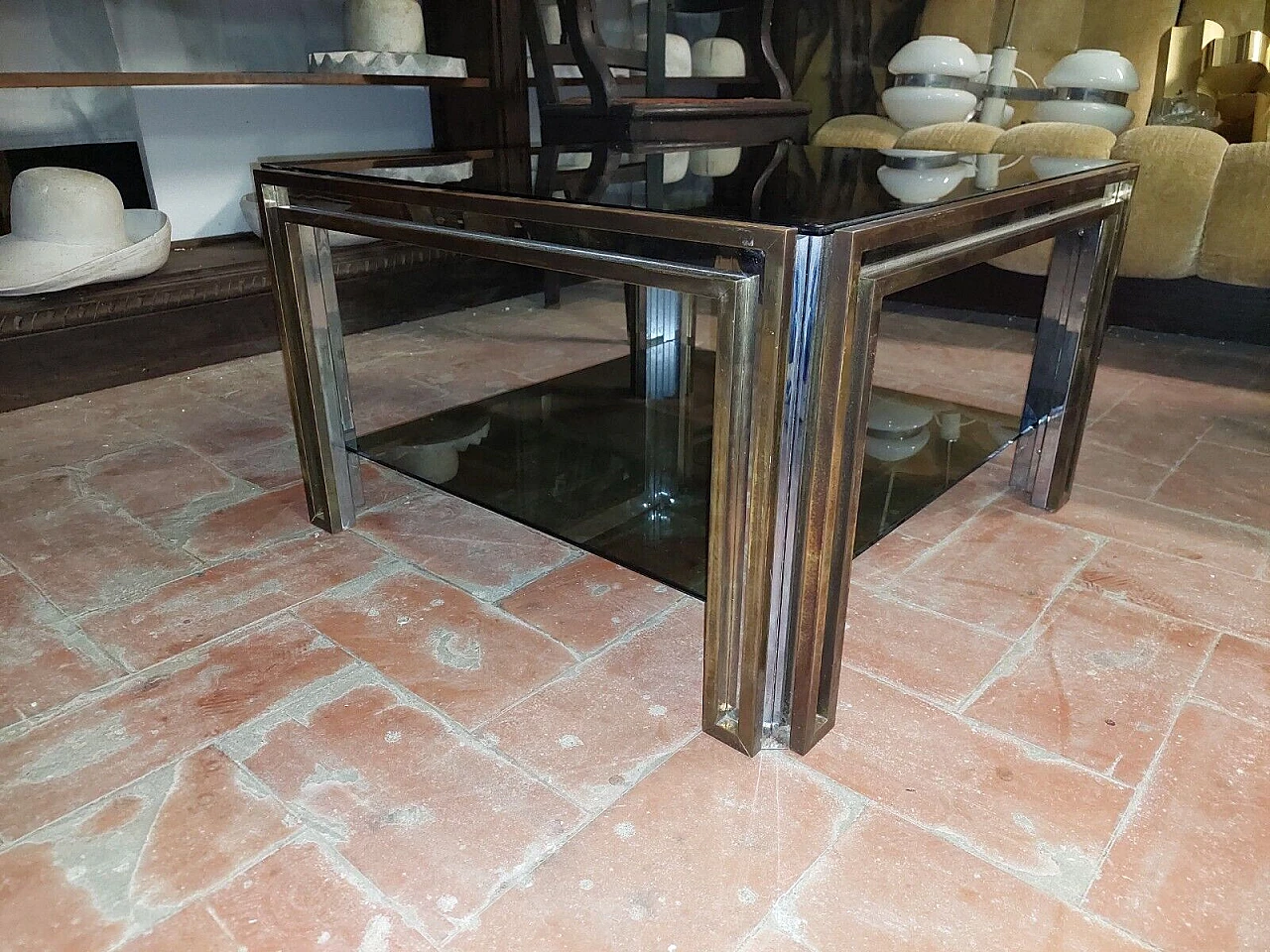 Brass, chromed metal and glass coffee table by Maison Jansen, 1970s 10