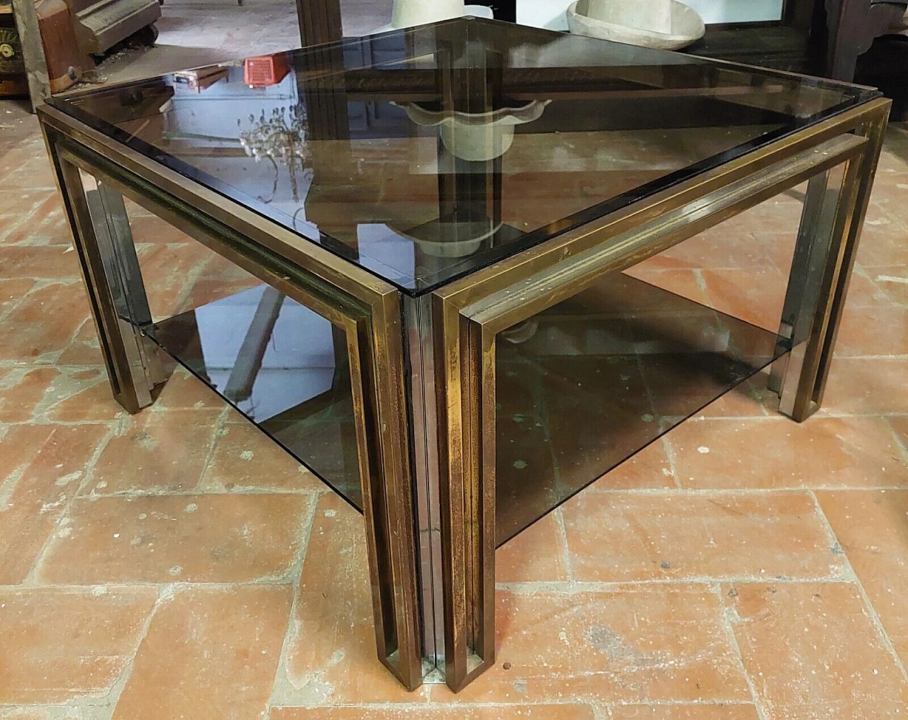 Brass, chromed metal and glass coffee table by Maison Jansen, 1970s 12