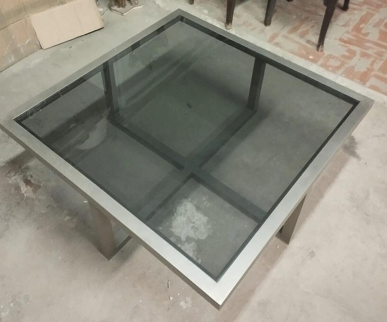 Satin aluminum and black glass coffee table, 1970s 11