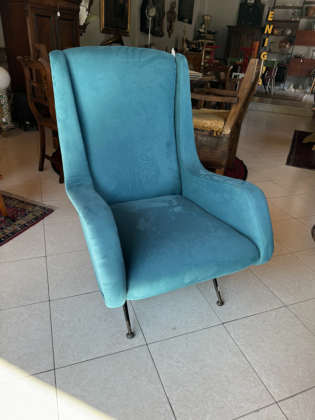 Blue armchair with brass feet attributed to A. Morbelli, 1960s 1