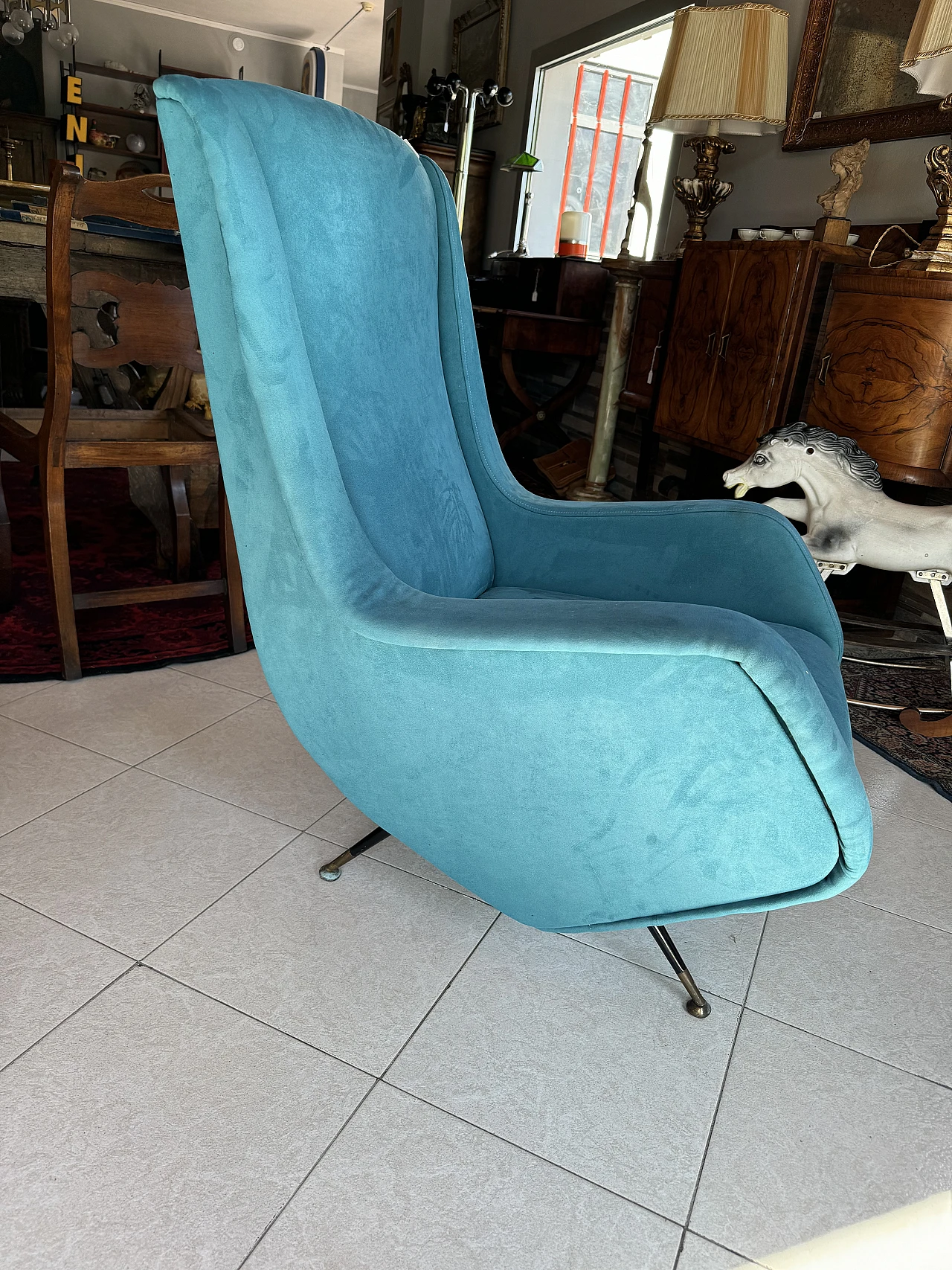 Blue armchair with brass feet attributed to A. Morbelli, 1960s 2