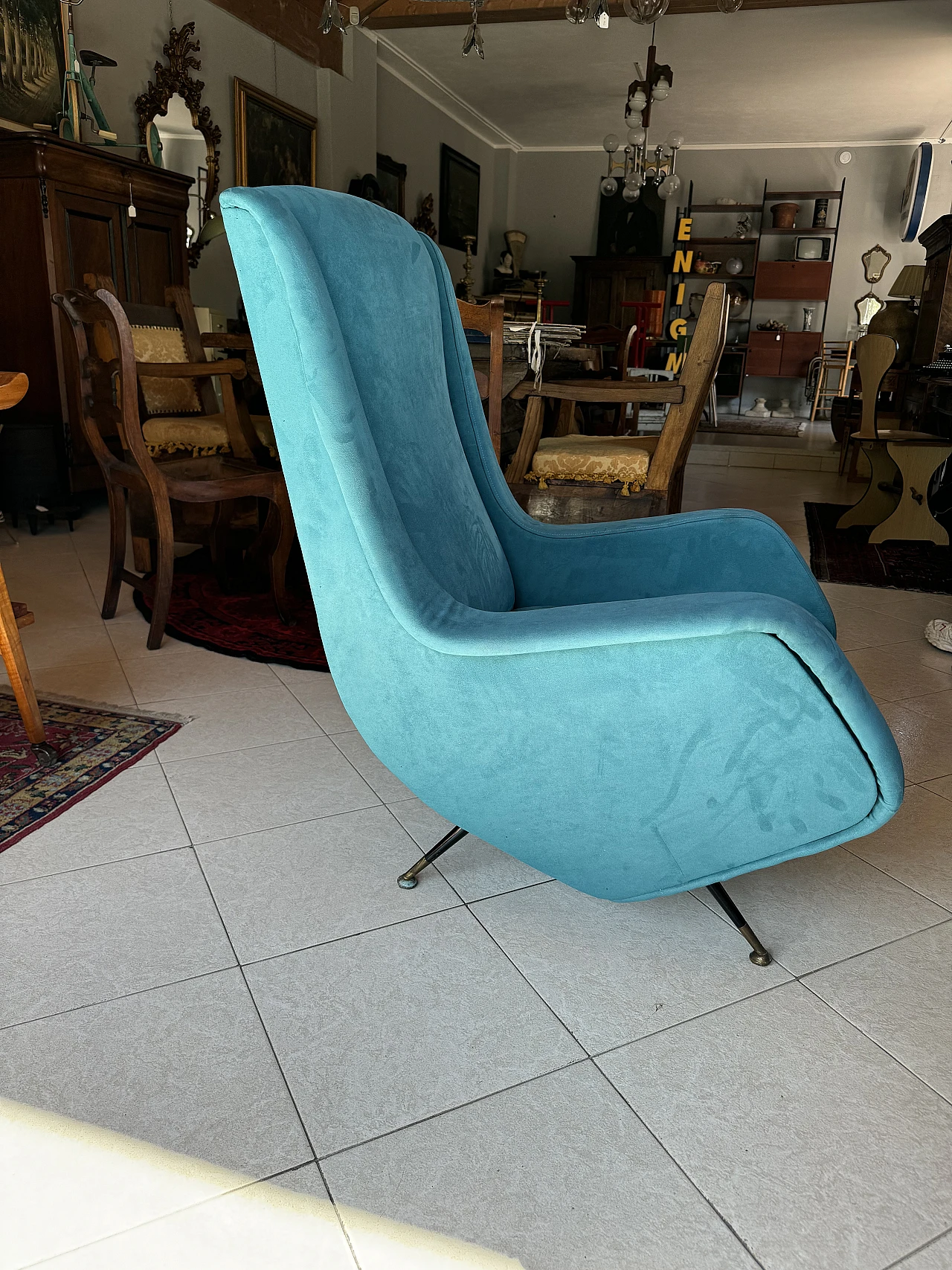 Blue armchair with brass feet attributed to A. Morbelli, 1960s 5